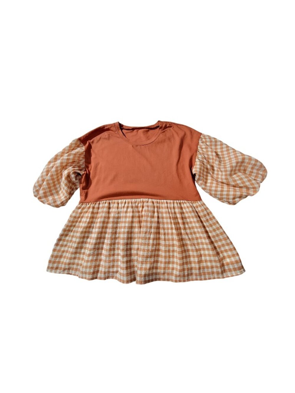 2.7 August Womens Apparel Orange Gingham Babydoll Top With Puff Sleeves Size M